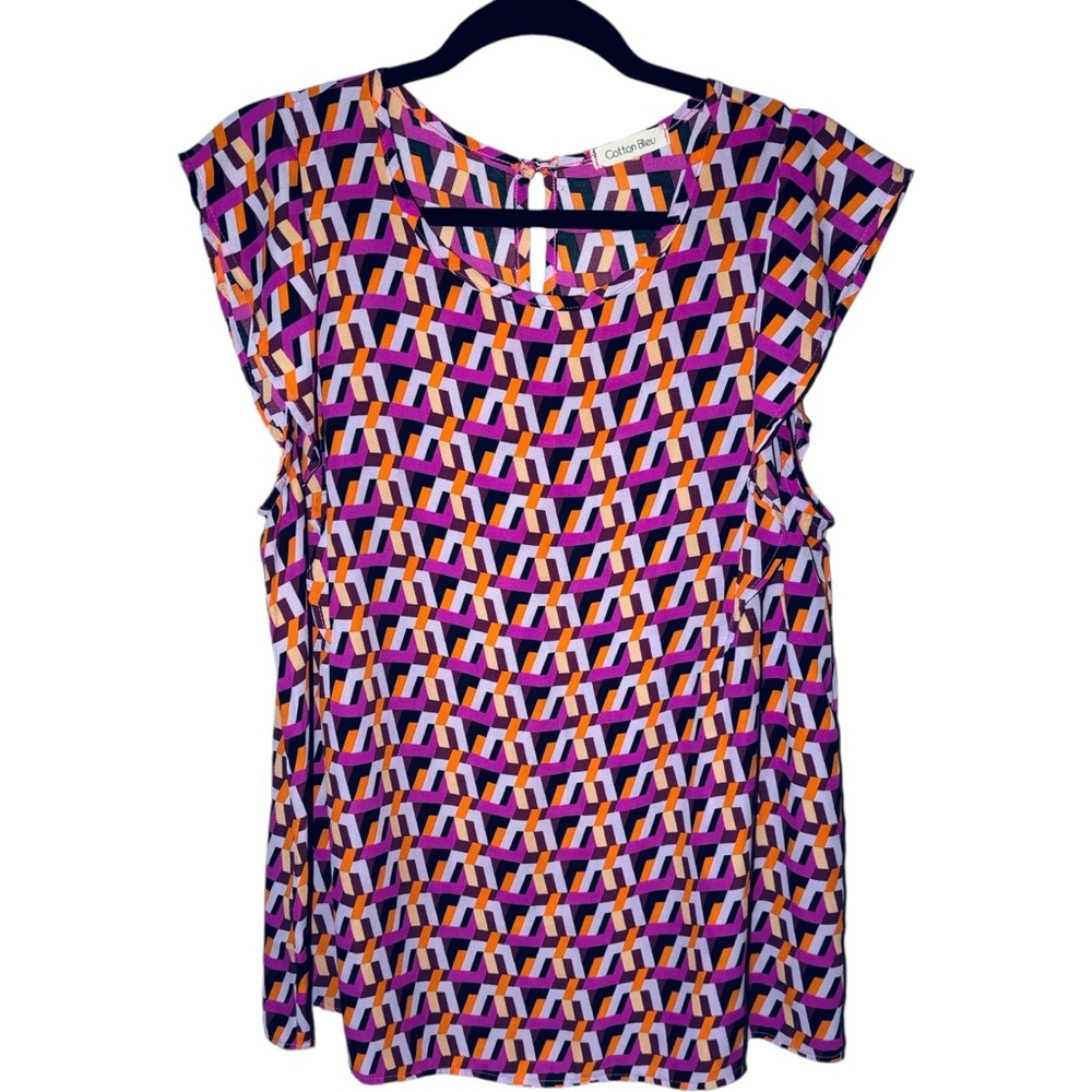 Cotton Bleu Women's Large Ruffle Sleeves‎ Geometric Feminine Print